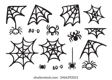 Spider web doodle icons Halloween decoration set. Monochrome Cobweb. Cute Spiders web elements. Vector illustration