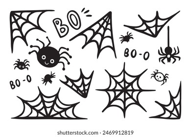 Spider web doodle icons Halloween decoration set. Monochrome Cobweb. Cute Spiders web elements. Vector illustration