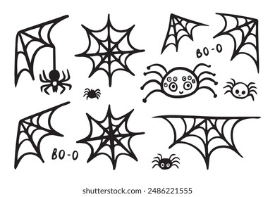 Spider web doodle icons Halloween decoration set. Monochrome Cobweb. Cute Spiders web elements. Vector illustration