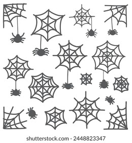 Spider Web Doodle Icons Set für Halloween. Handgezeichnete Vektorgrafik Elemente für die Dekoration. Webs mit hängenden Spinnen