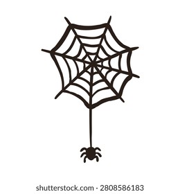 Spider web with spider doodle outline. Minimal spooky halloween element isolated on light background.