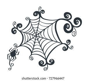 Spider web drawn for halloween poster, banner, greeting card, invitation. Vector illustration.