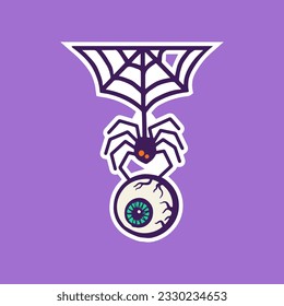 La tela araña y la pegatina de los ojos en estilo de dibujos animados para la impresión y el diseño. Ilustración vectorial.