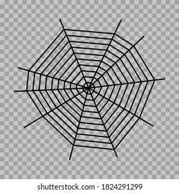 Spider web flat vector illustration. Halloween decoration with cobweb. Spiderweb outline graphic. Horror, fear and creepy cartoon art concept. Isolated scetch of net trap on transparent background.