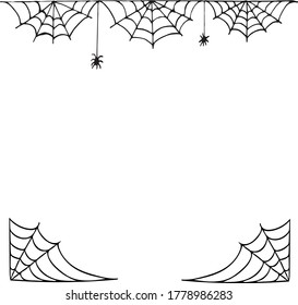 Spider web frame border and spiders halloween copy space place for text hand drawn in doodle style. vector, scandinavian, monochrome. Template for design, sticker, card, poster, invitation, party