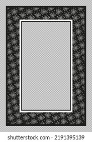 Spider web frame for spooky halloween party poster. Black spidery pattern for framing in dark magical style for design of invitation card for mystical event. Vertical rectangle with cobweb background.