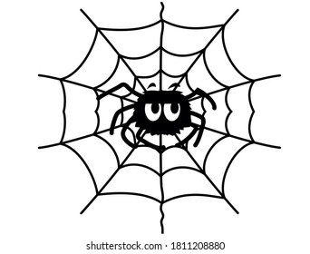 Spider Web and fun spider. Vector black graphic Printable illustration isolated on white