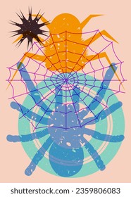Spider and spider web with geometric shapes. Object in trendy riso graph design for Halloween. Geometry elements abstract risograph print texture style.