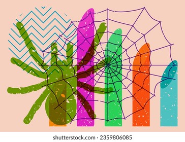 Spider and spider web with geometric shapes. Object in trendy riso graph design for Halloween. Geometry elements abstract risograph print texture style.