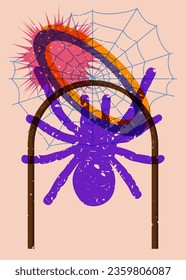 Spider and spider web with geometric shapes. Object in trendy riso graph design for Halloween. Geometry elements abstract risograph print texture style.