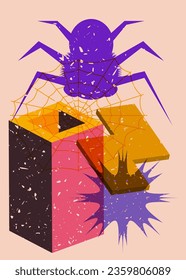 Spider and spider web with geometric shapes. Object in trendy riso graph design for Halloween. Geometry elements abstract risograph print texture style.