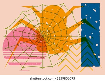 Spider and spider web with geometric shapes. Object in trendy riso graph design for Halloween. Geometry elements abstract risograph print texture style.