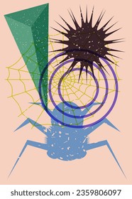 Spider and spider web with geometric shapes. Object in trendy riso graph design for Halloween. Geometry elements abstract risograph print texture style.