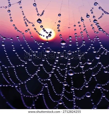 Spider web glistening with dew drops at sunrise, showcasing light refraction, symmetry, and natural beauty.