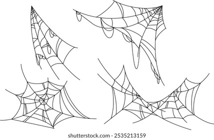 teia de aranha para o Halloween. Teia de aranha de Halloween, quadros e bordas, elementos assustadores para decoração. Teia de aranha desenhada à mão ou teia de aranha com aranha suspensa.