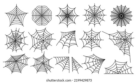 Spider web. Halloween cobweb silhouettes line sketch style, scary simple tangled net frame and corner for decoration. Vector isolated set. Spiderweb for holiday decor isolated on white