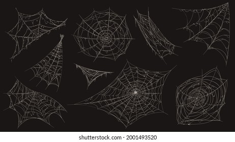 Spider web. Halloween cobweb spooky decoration. Corner with old dusty spiderweb hanging. Creepy decor spiders white sticky trap vector set. Halloween corner, spiderweb thread, sticky line