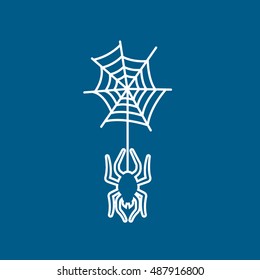 Spider And Web Halloween Concept Line Icon On Blue Background