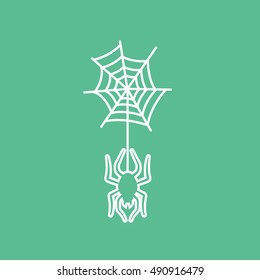 Spider And Web Halloween Concept Line Icon On Green Background