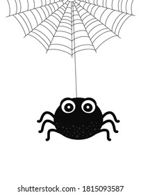 Spinnennetz, Halloween-Designelement, Cartoonkarte mit Spinne und Netz einzeln auf weißem Hintergrund, Vektorgrafik