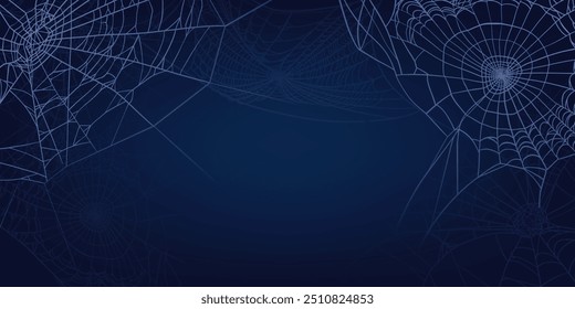 Spider web Halloween framed background. Cobweb spooky insect net on dark blue background. For Halloween posters, banners, and spooky illustrations. Vector illustration.