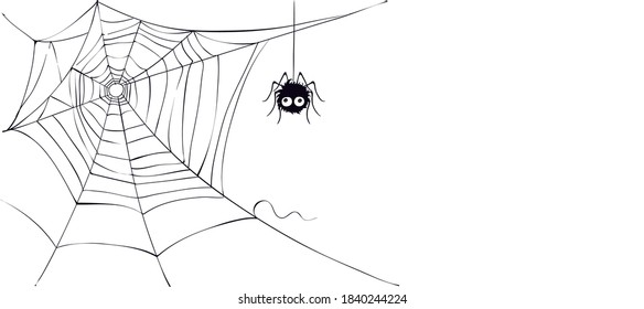 Araña web / Banner estrecho de Halloween. Graciosa ilustración vectorial, invitación, fondo	