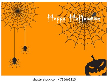 Spider web and Halloween pumpkin (jack-o-lantern) on orange background vector.