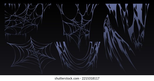 Spider web Halloween set, cobweb, spooky insect net collection design elements for greeting cards. Scary, horror decorative graphics isolated on black background, Cartoon vector illustration, clipart