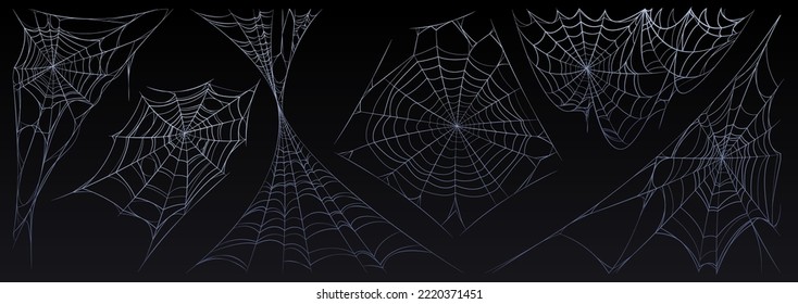 Spider web Halloween set, cobweb, spooky insect net collection design elements for greeting cards. Scary, horror decorative graphics isolated on black background, Cartoon vector illustration, clipart