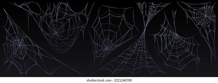 Spider web Halloween set, cobweb, spooky insect net collection design elements for greeting cards. Scary, horror decorative graphics isolated on black background, Cartoon vector illustration, clipart