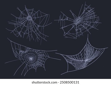 Spider web Halloween set cobweb spooky insect net on black background. For Halloween posters, banners, and spooky illustrations. Vector illustration.