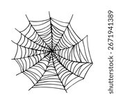 Spider web, Halloween symbol, cobweb - sketch outline illustration, hand-drawn vector line art clipart, doodle drawing in engraving style