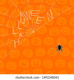 Spider and web with Halloween word on Jack O Lantern pumpkin seamless pattern background