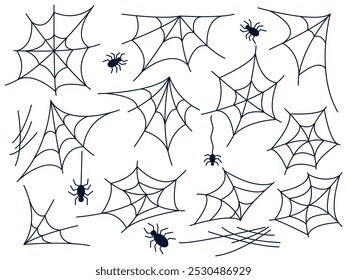 Conjunto desenhado à mão da teia de aranha. Diferentes variações do estilo de esboço web doodle. Coleção de clip-arts de teias de contorno preto, gráficos vetoriais