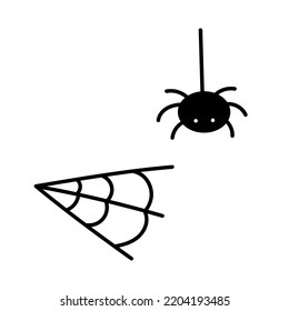 Spider and web hand drawn. Spooky vector doodle illustration for Halloween party invitations, design elements on white background.