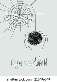 Spider and spider web hand-drawn. Cute background with hand-painted greeting  text with Halloween.
