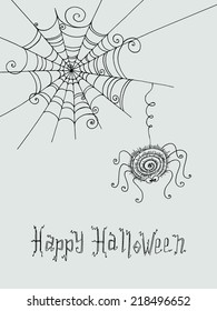 Spider and spider web hand-drawn. Cute background with hand-painted greeting  text with Halloween.