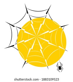 Spider web with hanging spider in the backlight of the sun, silhouette icon eps10 vector illustration.