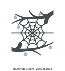 Spider web hanging between tree branches with water droplets, minimalist nature icon illustration.