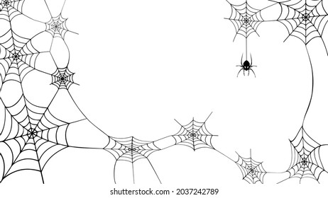 Spider web. Happy Halloween banner with spiderweb and spiders on transparent background. Isolated vector illustration.