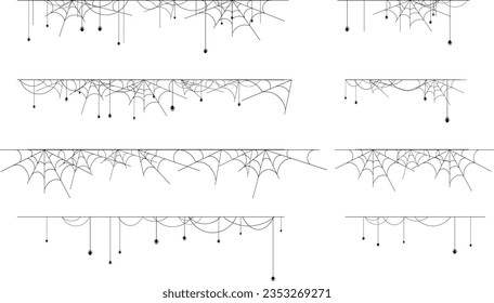 Spider web horizontal border collection. Halloween decorations with net and spiders.