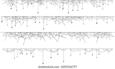 Spider web horizontal border collection. Halloween decorations with net and spiders.