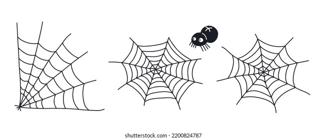 Spider web, spider horror house, creepy Halloween decorations concept. Spiderweb vector doodle sketch. Cobweb set, isolated on white background for halloween, spooky, scary, horror.