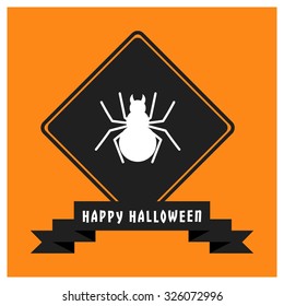 Spider web icon. Black Happy Halloween Ribbon Banner on Orange background. Vector illustration