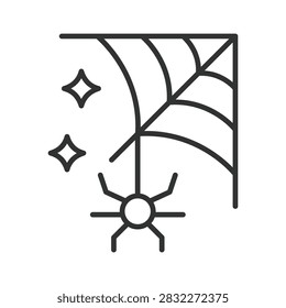 Spider web with spider icon in line design. Cobweb, arachnid, web, insect, trap, nature, spooky on white background vector. Spider web editable stroke icon.