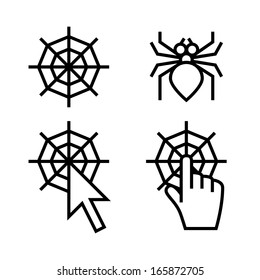 Spider web icon set. Web with arrow and hand cursors are signs of networking.