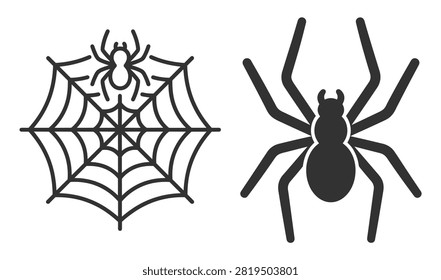 spider and spider web icon set in black silhouette style vector illustration on transparent background