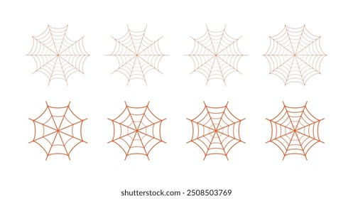 Ícone de teia de aranha definido em forma diferente. Conjunto de tópicos de ícones do vetor de aranha. Conjunto de teia de aranha e decoração de teia de aranha de halloween. Ícone de vetor da teia de aranha definido na cor laranja. Ilustração vetorial.