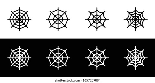 Spider web icon set. Flat design icon collection isolated on black and white background.