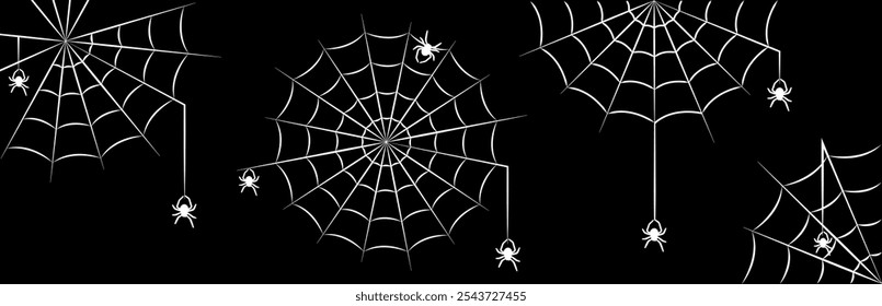 Conjunto de ícones da teia de aranha. Halloween aranha tecendo fundo vetor web. Silhueta do contorno da teia de cobra. Ilustração vetorial.